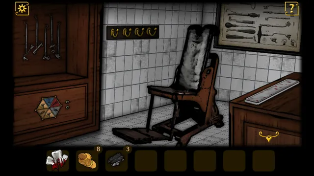 A tiled room with an old dentist's chair and rows of tools hanging on the wall