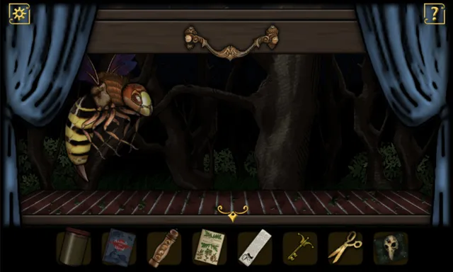 A giant wasp hangs over a puppet-theatre stage set as a dark forest