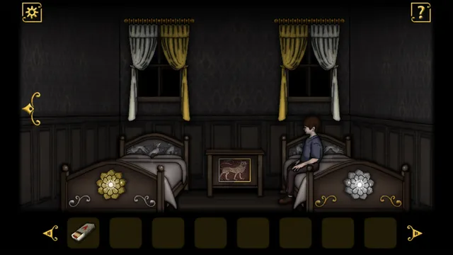 A boy sits on one of two beds in a dark old-fashioned bedroom with yellow curtains