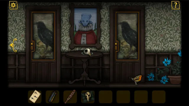 A hallway with crow paintings on two doors and a portrait of a masked figure above a bird skull