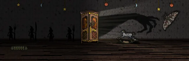 Forgotten Hill: The Wardrobe art: a painted wardrobe in a dark room, a clawed hand reaching from its doors and casting a huge shadow, a rocking horse and a moth beside it