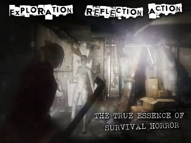 Forgotten Memories screenshot: Rose holds a pipe in a ruined tiled washroom where a pale mannequin figure stands by the wall