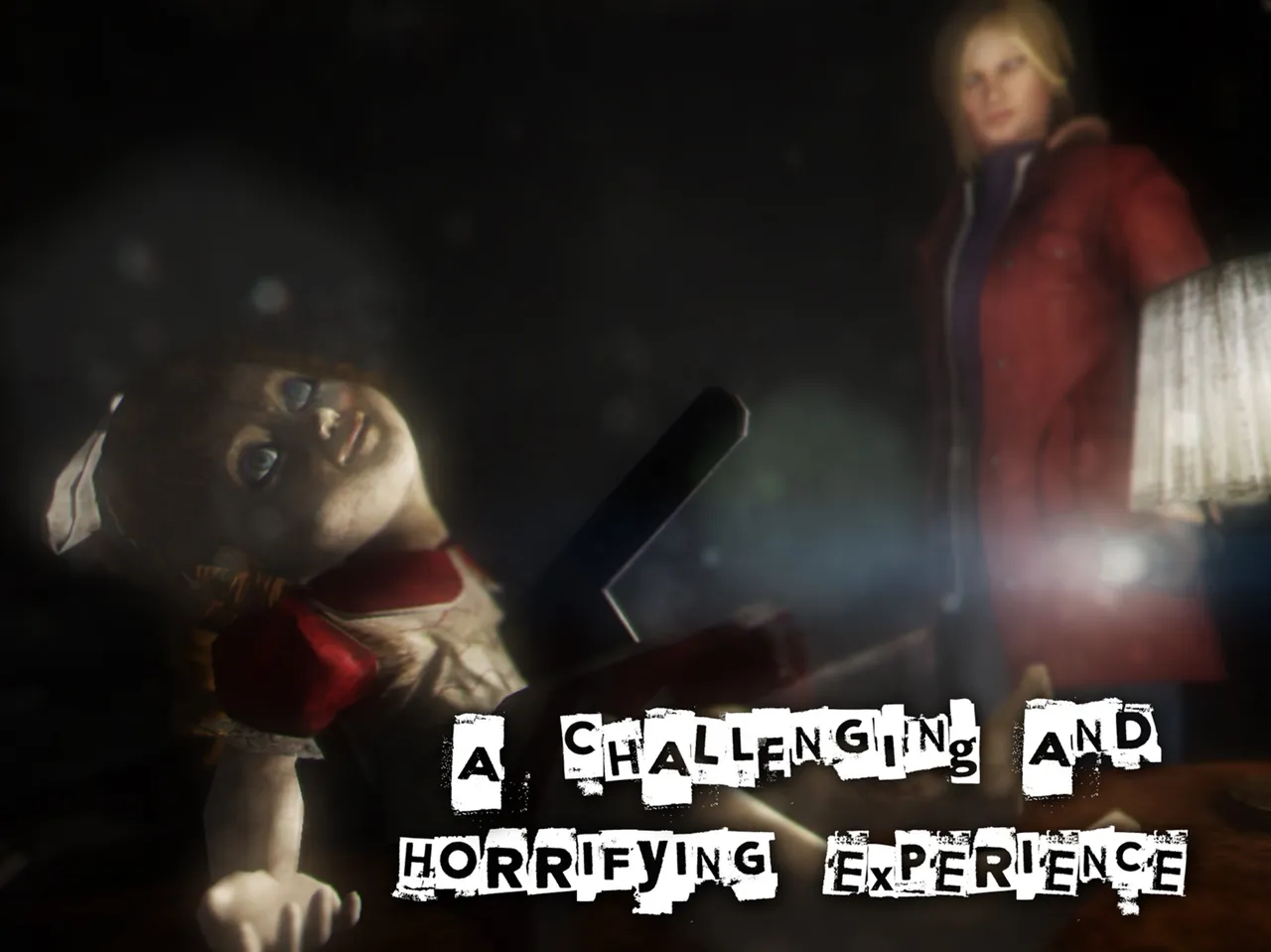 Forgotten Memories screenshot: a doll in a red dress slumps in the foreground while Rose, in a red jacket, shines a flashlight behind it