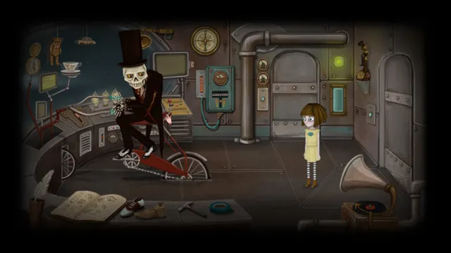 Fran Bow screenshot: a skeleton in a top hat pedalling a machine in a metal workshop while Fran watches