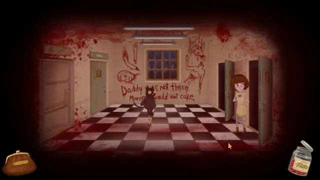 Fran Bow screenshot: a corridor smeared with blood and drawings on the wall, Fran by an open door and her cat walking ahead