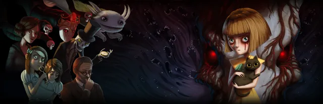 Fran Bow key art: Fran holding her black cat Mr. Midnight in front of a red-eyed monster, with skeletal and masked characters on the left