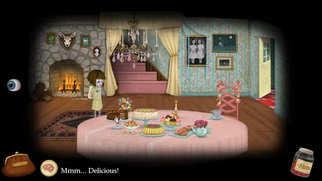 Fran Bow screenshot: Fran in a cosy living room with a fireplace and a table full of cakes, a photo of twin girls on the wall