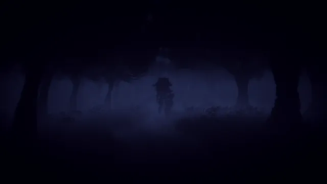 A dark figure stands in a foggy, moonlit forest