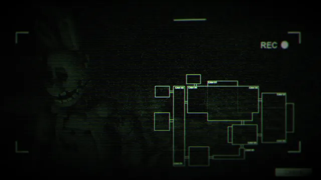 A green night-vision camera view with a map of the building and a grinning rabbit animatronic in the corner