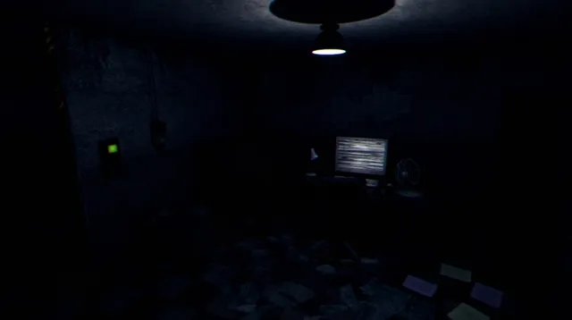 A dim corridor with scattered papers, a chair and gift boxes under a flickering ceiling light