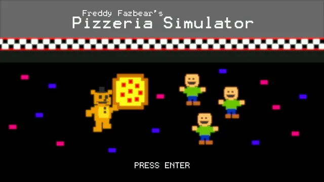 Freddy Fazbear's Pizzeria Simulator screenshot: a pixel Freddy holding up a pizza among cheering kids and confetti
