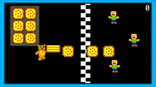 Freddy Fazbear's Pizzeria Simulator screenshot: the opening arcade game, a pixel Freddy throwing pizzas across a checkered line to waiting kids