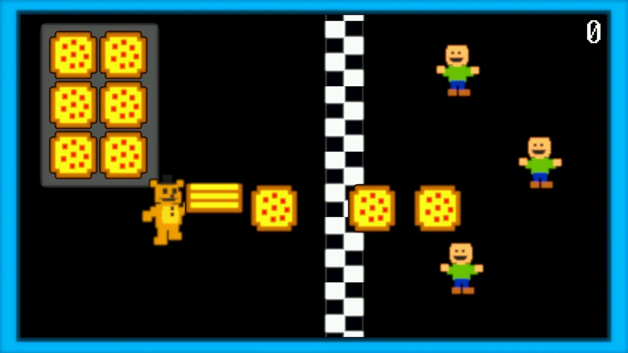Freddy Fazbear's Pizzeria Simulator screenshot: the opening arcade game, a pixel Freddy throwing pizzas across a checkered line to waiting kids
