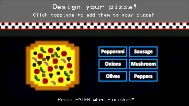 Freddy Fazbear's Pizzeria Simulator screenshot: the Design your pizza screen with buttons for pepperoni, sausage, onions and other toppings