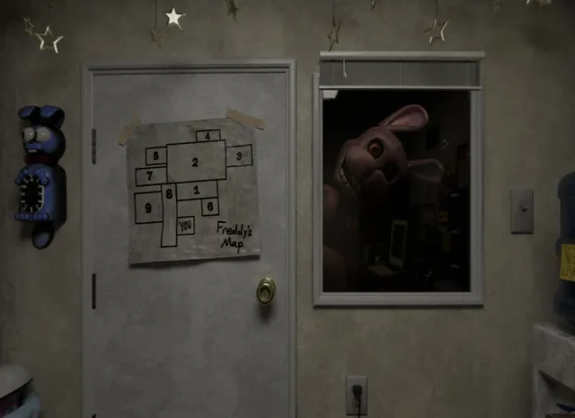 The guard's office: a door with a hand-drawn map of Freddy's, and a pink rabbit animatronic leering through the window