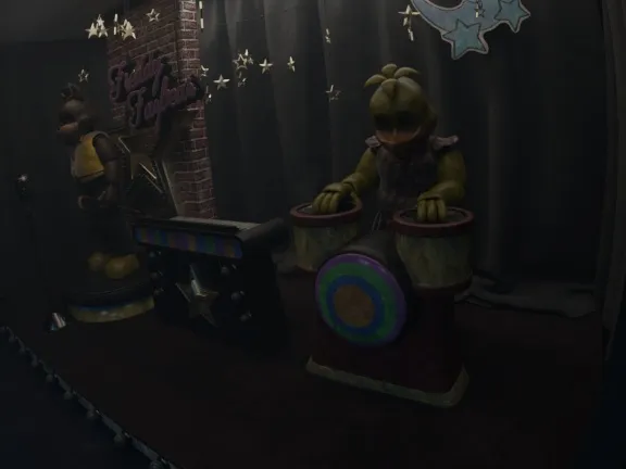 Chicken and other animatronics on a starry stage, captioned as paranormal evidence
