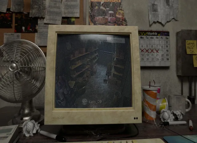 An old camera monitor on a cluttered desk, showing a dark storeroom on cam 09