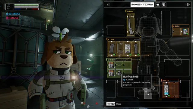 Fright Train screenshot: the body-mapped inventory screen, with weapons, magazines and supplies placed on the character's body