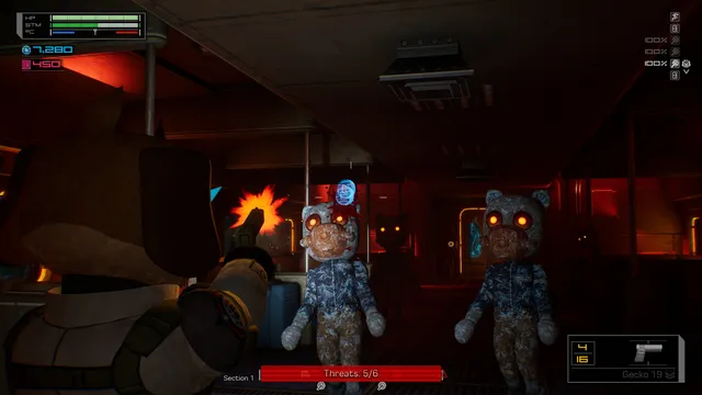 Fright Train screenshot: Doug Barker fires a pistol at two frozen bear-like monsters with glowing orange eyes in a red-lit train car