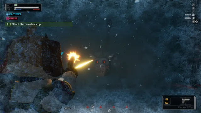 Fright Train screenshot: the agent shoots at a creature outside the train in a heavy blizzard, with the objective to start the train back up