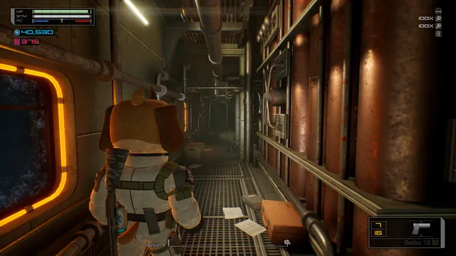 Fright Train screenshot: the dog agent walks down a narrow train corridor with frosted windows and pipes along the walls