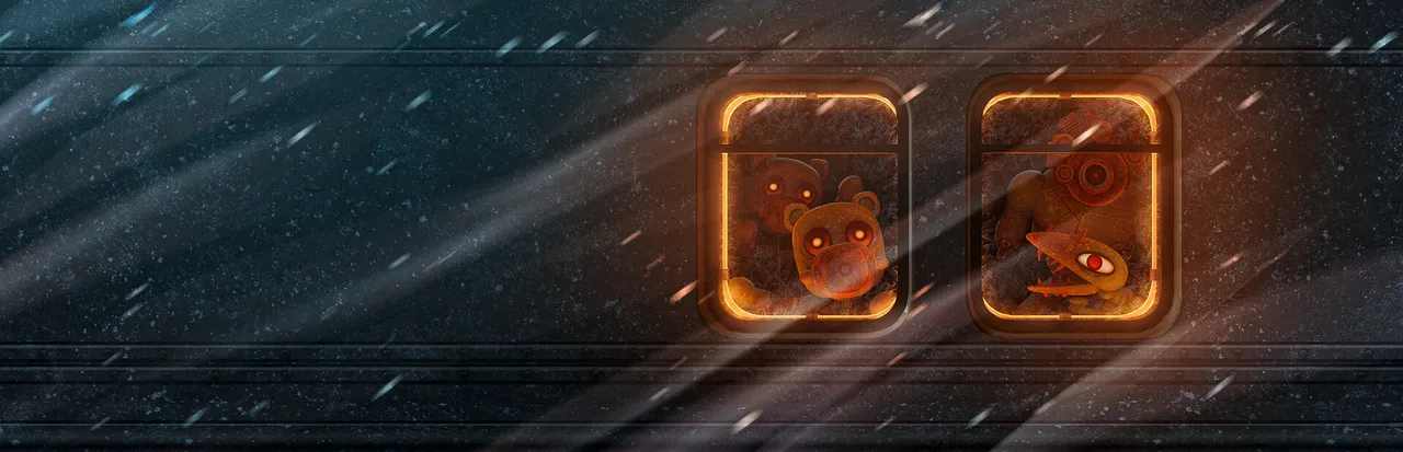 Fright Train art: two lit train windows in a blizzard, with frozen teddy-bear monsters with glowing eyes pressed behind the glass