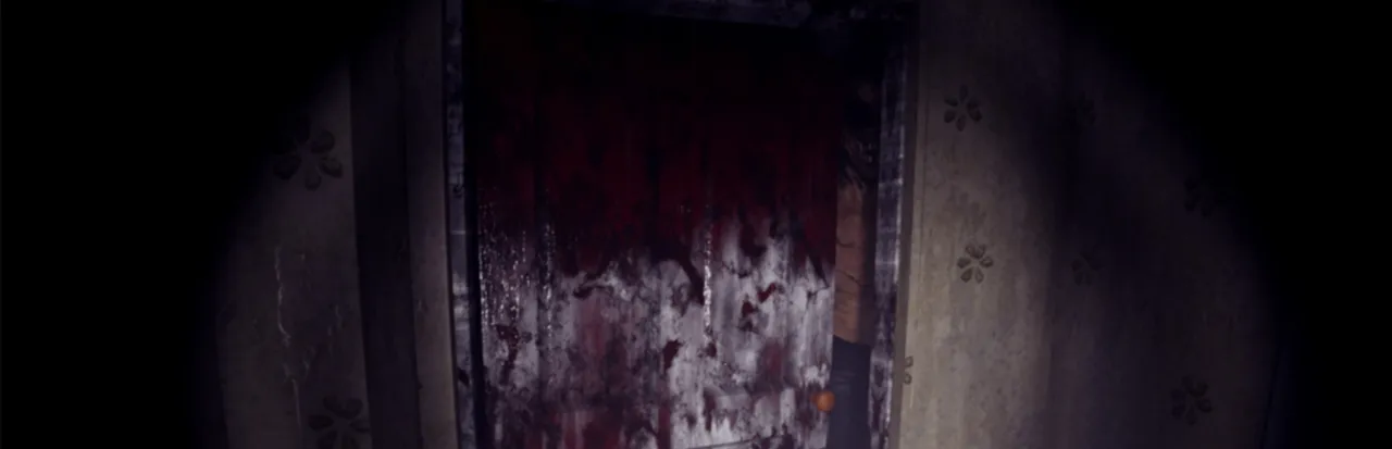 From The Darkness key art: a blood-smeared metal door at the end of a dark, wallpapered hall