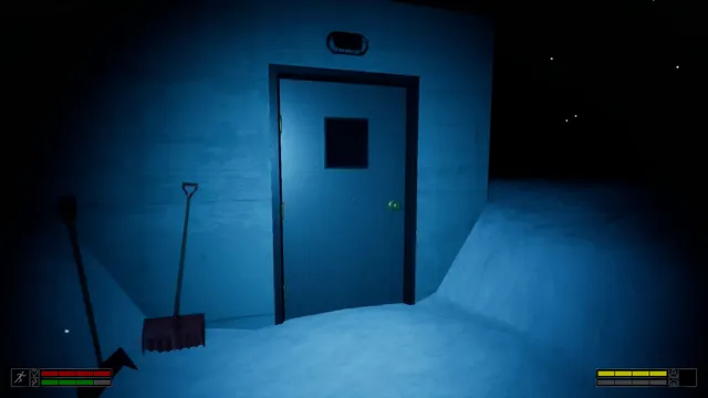 The steel door of Base 75 half buried in snow at night, with a shovel leaning on the wall