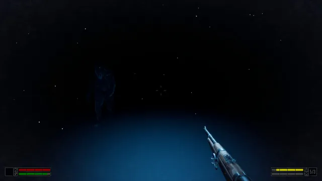 A rifle raised at a dark shape approaching through falling snow at night