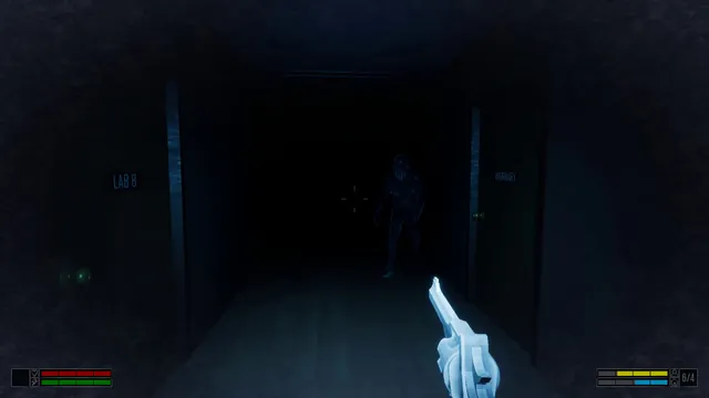 First-person view with a revolver aimed down a pitch-dark corridor between Lab B and the infirmary, a figure standing in the gloom