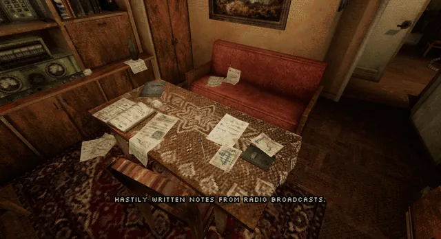 Funeralopolis: Last Days screenshot: a living room table covered in hastily written notes from radio broadcasts