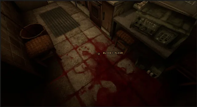 Funeralopolis: Last Days screenshot: a dark tiled floor smeared with blood beside a doormat, with the label Bloody floor