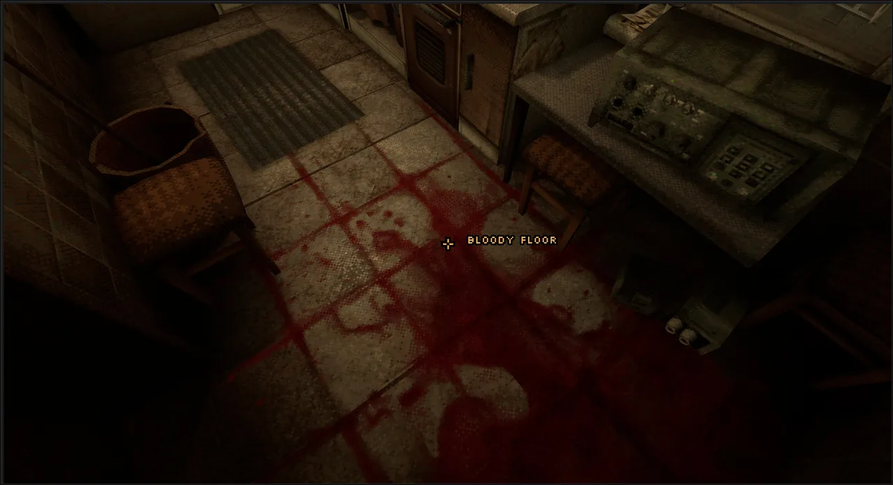 Funeralopolis: Last Days screenshot: a dark tiled floor smeared with blood beside a doormat, with the label Bloody floor