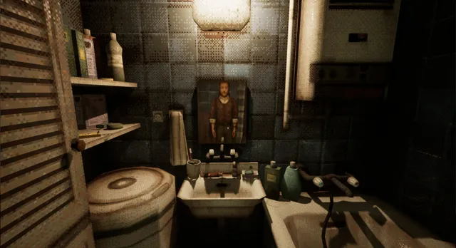 Funeralopolis: Last Days screenshot: a dim tiled bathroom lit by one lamp, a man reflected in the mirror over the sink