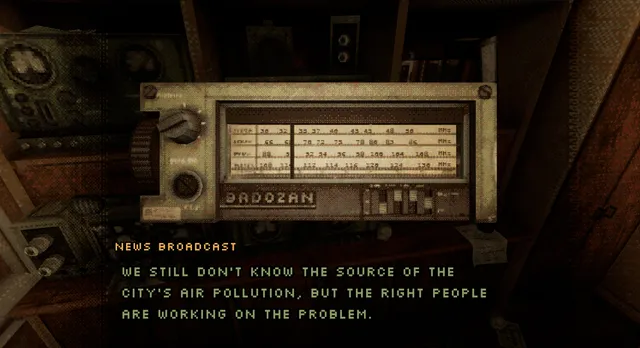 Funeralopolis: Last Days screenshot: an old radio with a news broadcast about the city's air pollution