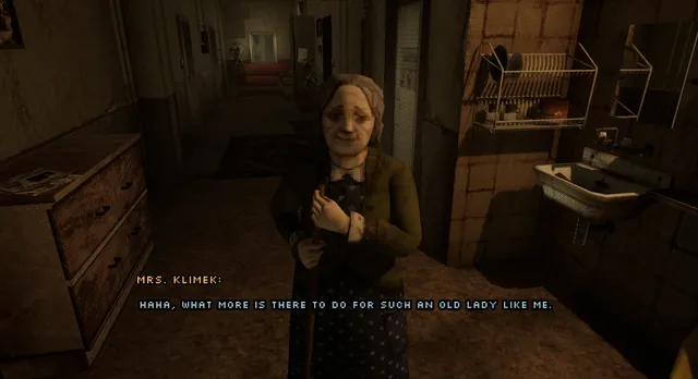 Funeralopolis: Last Days screenshot: an old neighbour, Mrs. Klimek, talking in a dark apartment hallway