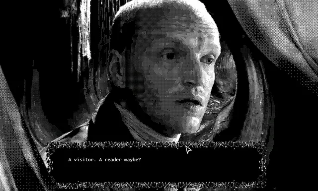 Funerama screenshot: a bald, grim face looms over a dialogue box that reads: A visitor. A reader maybe?