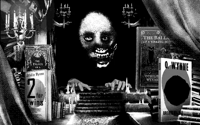 Funerama screenshot: a pale grinning figure with jagged teeth rests its hands on a desk among candelabra and books by Othilie Wynne, in black-and-white dithering