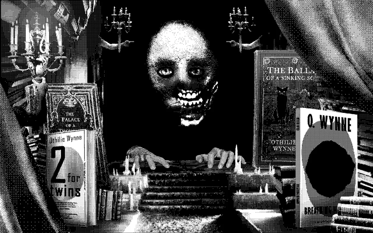Funerama screenshot: a pale grinning figure with jagged teeth rests its hands on a desk among candelabra and books by Othilie Wynne, in black-and-white dithering