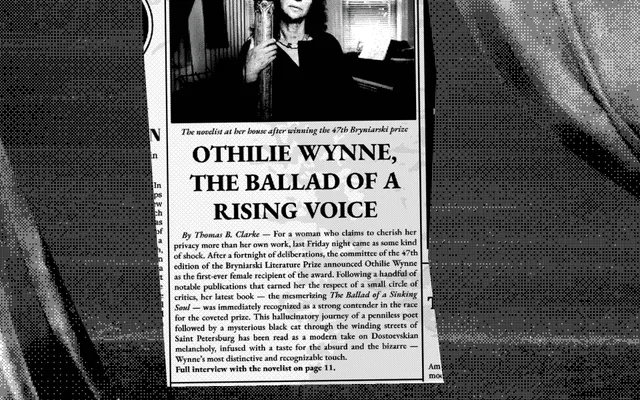 Funerama screenshot: a newspaper clipping headlined Othilie Wynne, the ballad of a rising voice, with a photo of the novelist after winning a literary prize