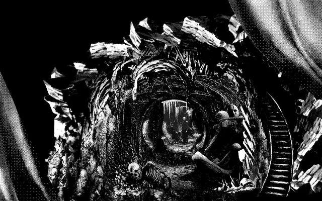 Funerama screenshot: a round tunnel of rotting, dripping matter with skulls, a skeleton and a spiral staircase, between grey curtains