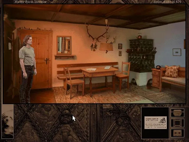 Gabriel Knight 2 screenshot: Gabriel stands in the wood-panelled interior of a Bavarian farmhouse with antlers on the wall