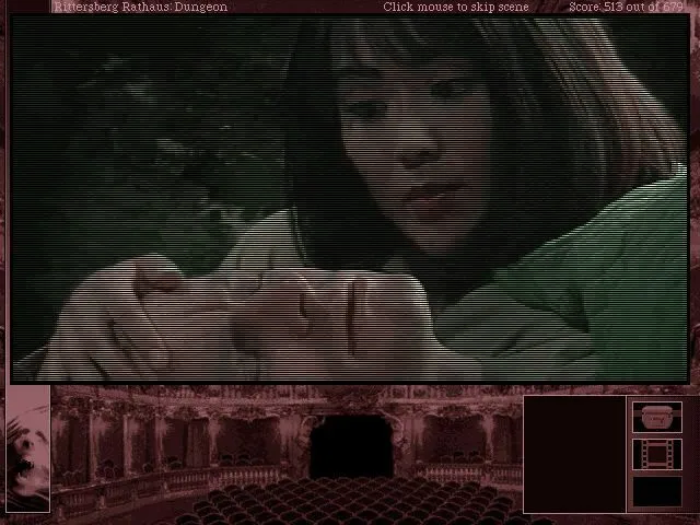 Gabriel Knight 2 screenshot: Grace leans close over a body lying in the town hall dungeon