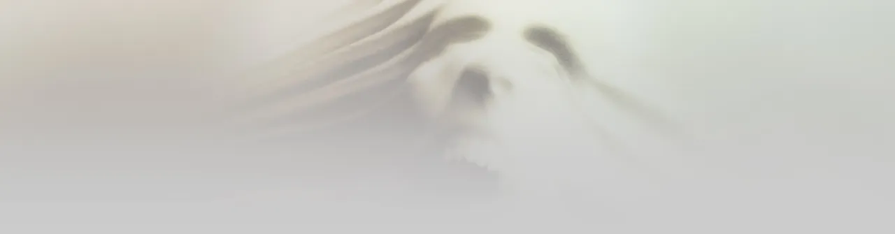 Gabriel Knight 2 key art: the faint grey shape of a snarling wolf's head emerging from white mist