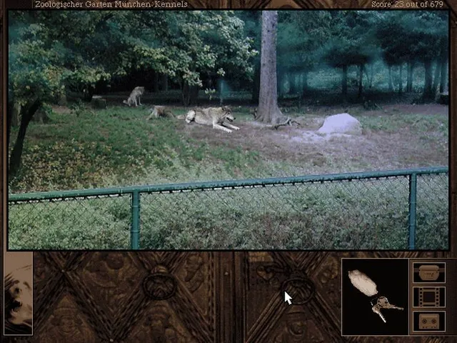 Gabriel Knight 2 screenshot: wolves lying in a fenced enclosure at the Munich zoo kennels