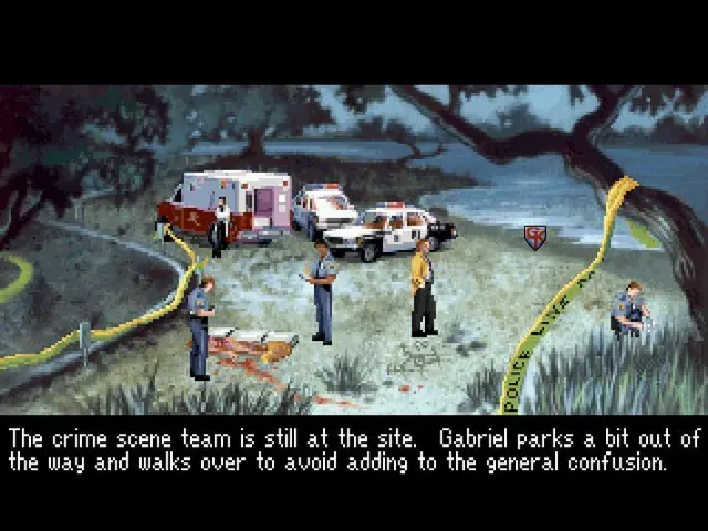 Gabriel Knight: Sins of the Fathers screenshot: police, an ambulance and crime-scene tape around a body by a lake at night