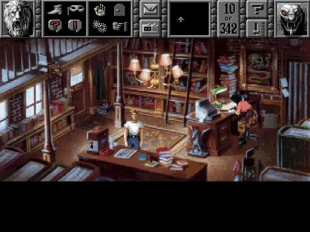 Gabriel Knight: Sins of the Fathers screenshot: Gabriel in his cluttered rare-book shop while Grace works at the desk, the action icon bar across the top