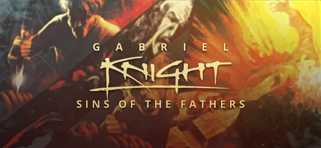 Gabriel Knight: Sins of the Fathers key art: the gold title over pixel-art scenes of a man holding a torch, a skull mask and fire
