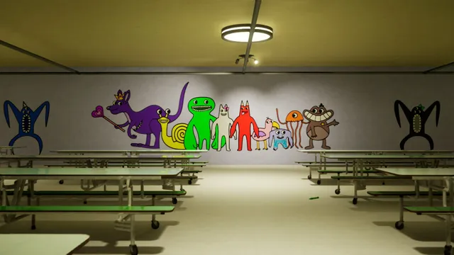An empty canteen of long tables under a mural of the kindergarten's mascots, black spiky figures at either side