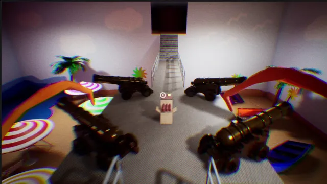 A beach-themed room with parasols, palm trees and black cannons lining a path to a staircase